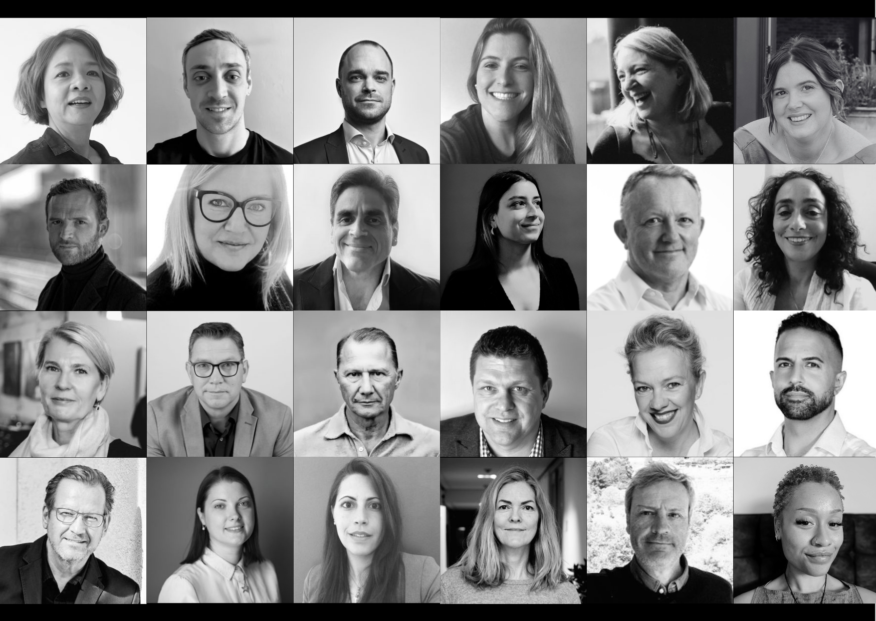 black and white image of squares of multiple people who work at MurphyCobb