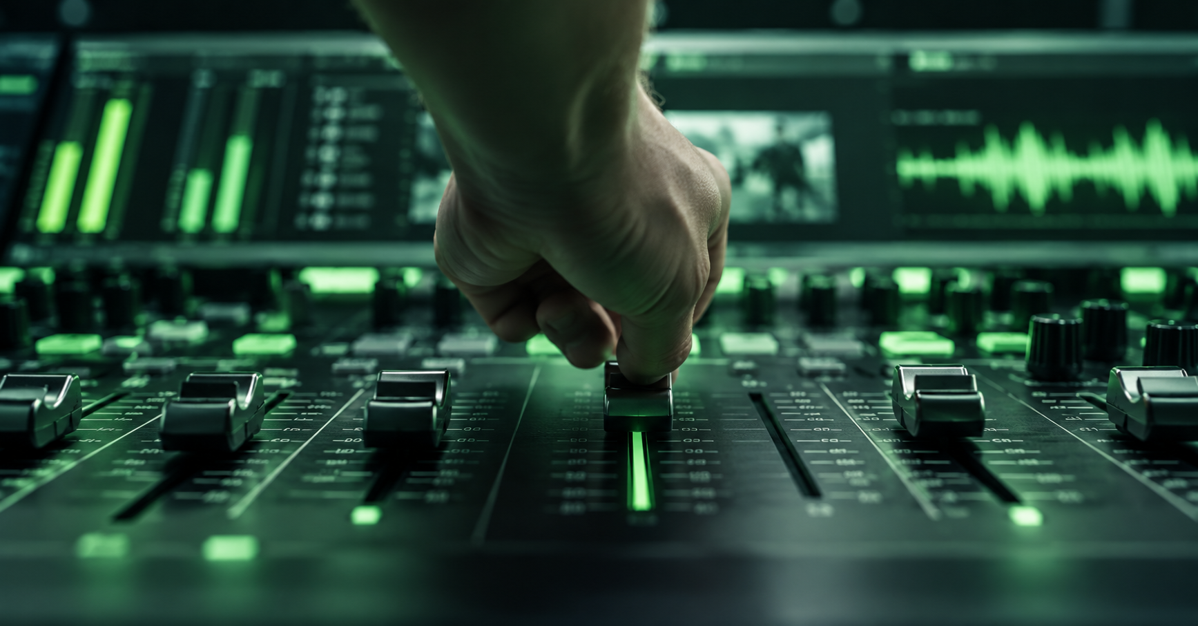 green hue image of a hand moving a sound deck